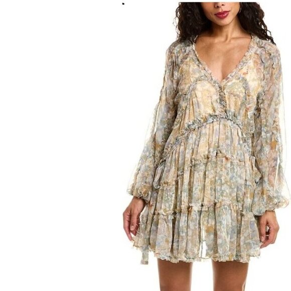 OPT Tuckernuck Olive Green Yellow Tiered Babydoll Boho Dress - Picture 1 of 10